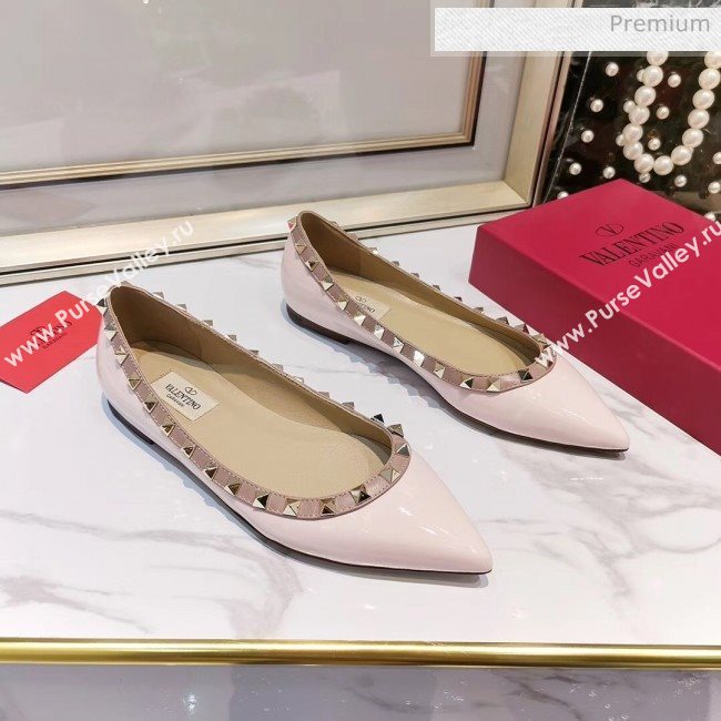 Valentino Rockstud Flat Ballerina in Patent Calfskin Light Pink (XL-20041426)