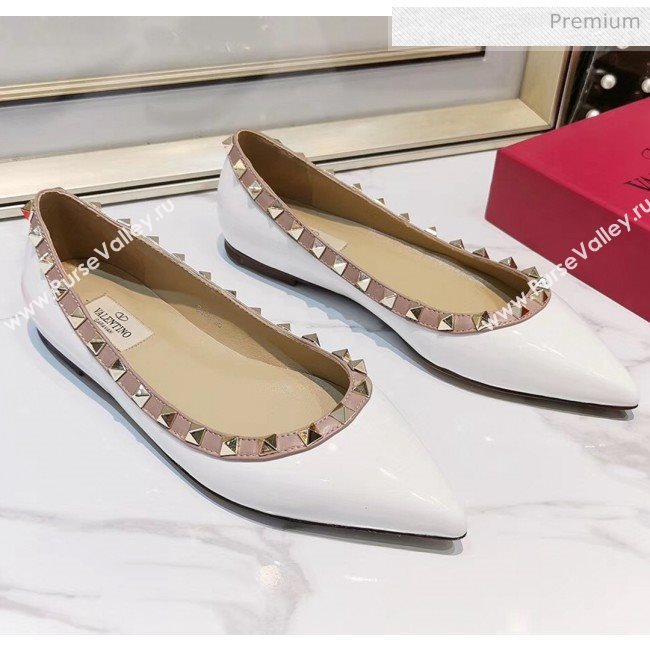 Valentino Rockstud Flat Ballerina in Patent Calfskin White (XL-20041427)