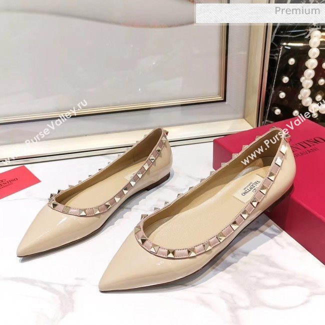 Valentino Rockstud Flat Ballerina in Patent Calfskin Nude (XL-20041428)