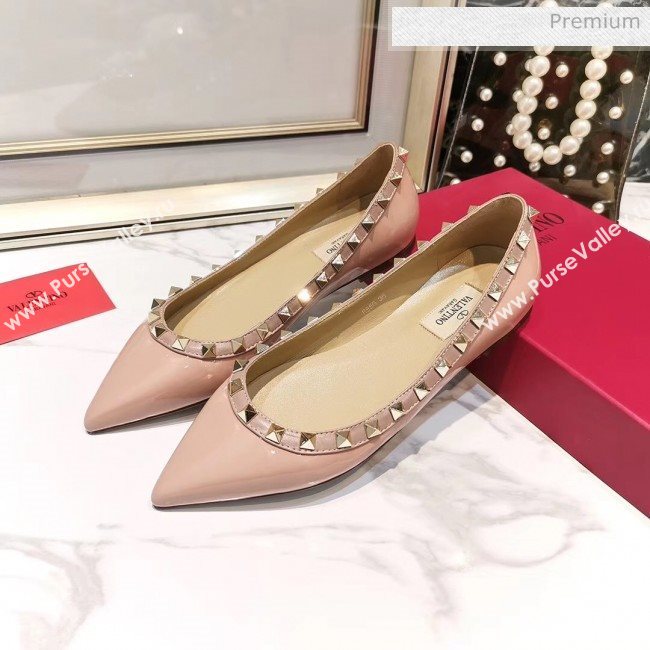 Valentino Rockstud Flat Ballerina in Patent Calfskin Pink (XL-20041429)