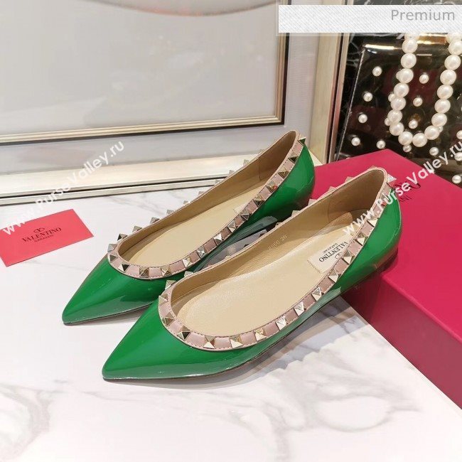 Valentino Rockstud Flat Ballerina in Patent Calfskin Green (XL-20041430)