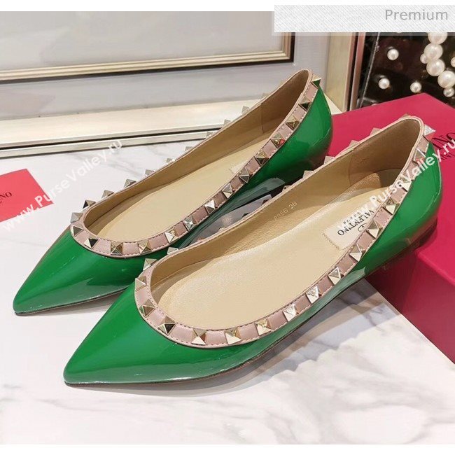 Valentino Rockstud Flat Ballerina in Patent Calfskin Green (XL-20041430)
