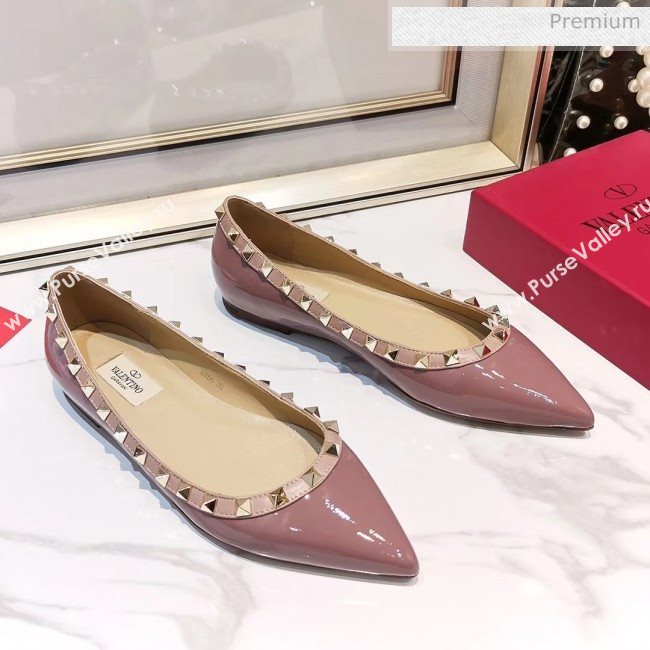 Valentino Rockstud Flat Ballerina in Patent Calfskin Pink 02  (XL-20041431)
