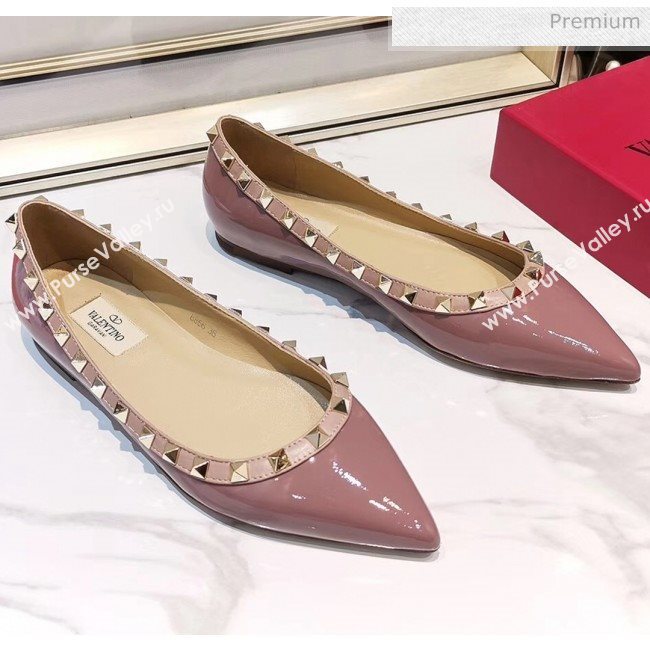 Valentino Rockstud Flat Ballerina in Patent Calfskin Pink 02  (XL-20041431)