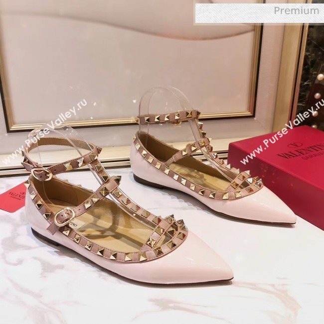 Valentino Patent Calfskin Rockstud Ballerina With Strap Light Pink (3015-20041502)