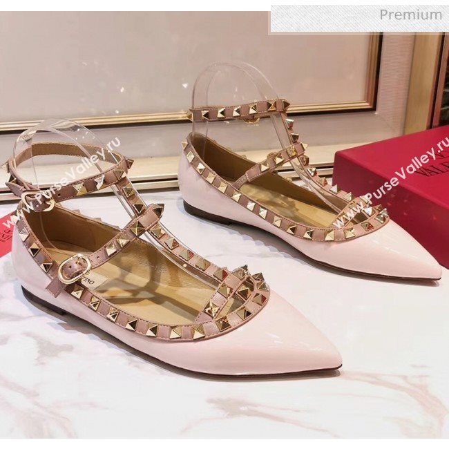 Valentino Patent Calfskin Rockstud Ballerina With Strap Light Pink (3015-20041502)