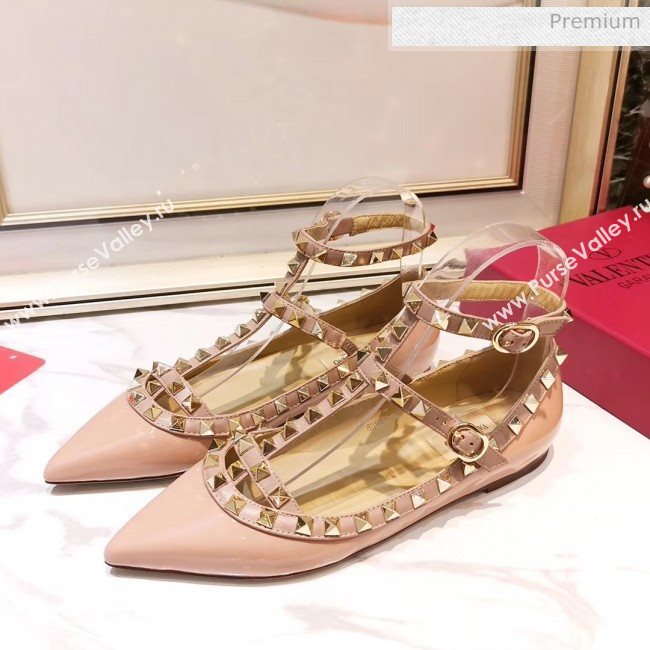 Valentino Patent Calfskin Rockstud Ballerina With Strap Pink (3015-20041504)