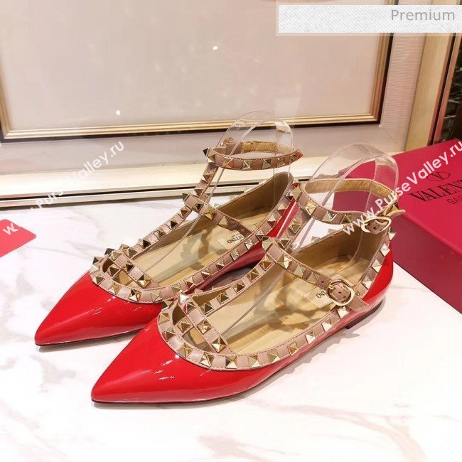 Valentino Patent Calfskin Rockstud Ballerina With Strap Red (3015-20041505)