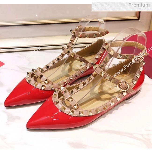 Valentino Patent Calfskin Rockstud Ballerina With Strap Red (3015-20041505)