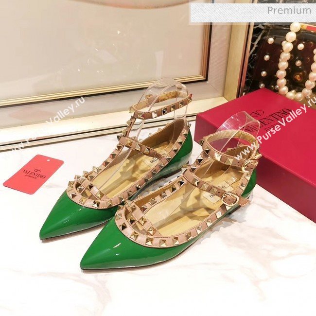 Valentino Patent Calfskin Rockstud Ballerina With Strap Green (3015-20041508)