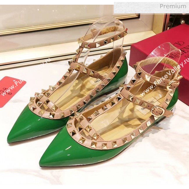 Valentino Patent Calfskin Rockstud Ballerina With Strap Green (3015-20041508)