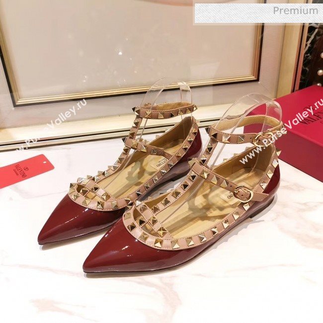 Valentino Patent Calfskin Rockstud Ballerina With Strap Burgundy (3015-20041512)
