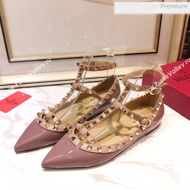 Valentino Patent Calfskin Rockstud Ballerina With Strap Pink 02 (3015-20041514)