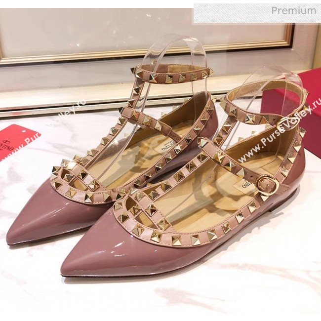 Valentino Patent Calfskin Rockstud Ballerina With Strap Pink 02 (3015-20041514)