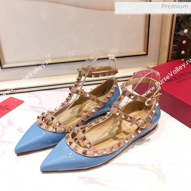Valentino Patent Calfskin Rockstud Ballerina With Strap Blue (3015-20041515)