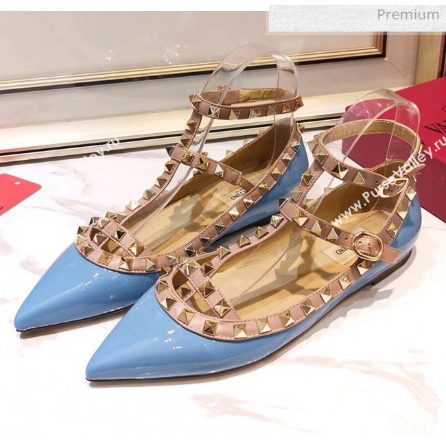 Valentino Patent Calfskin Rockstud Ballerina With Strap Blue (3015-20041515)