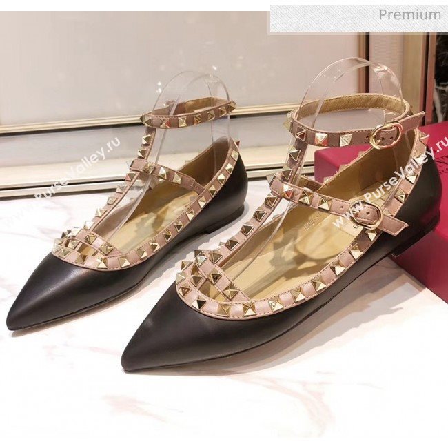 Valentino Smooth Leather Rockstud Ballerina With Strap Black (3015-20041516)
