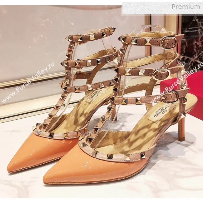 Valentino Patent Calfskin Rockstud Ankle Strap With 6.5cm Heel Orange (3015-20041519)
