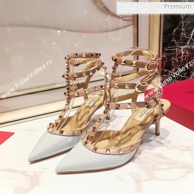 Valentino Patent Calfskin Rockstud Ankle Strap With 6.5cm Heel Baby Blue (3015-20041520)