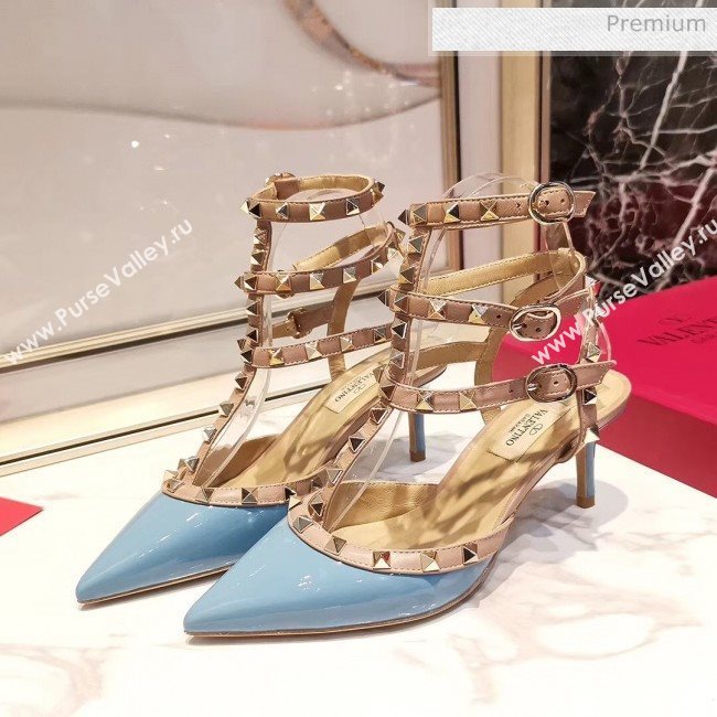 Valentino Patent Calfskin Rockstud Ankle Strap With 6.5cm Heel Blue (3015-20041522)