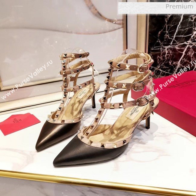 Valentino Smooth Leather Rockstud Ankle Strap With 6.5cm Heel Black (3015-20041533)