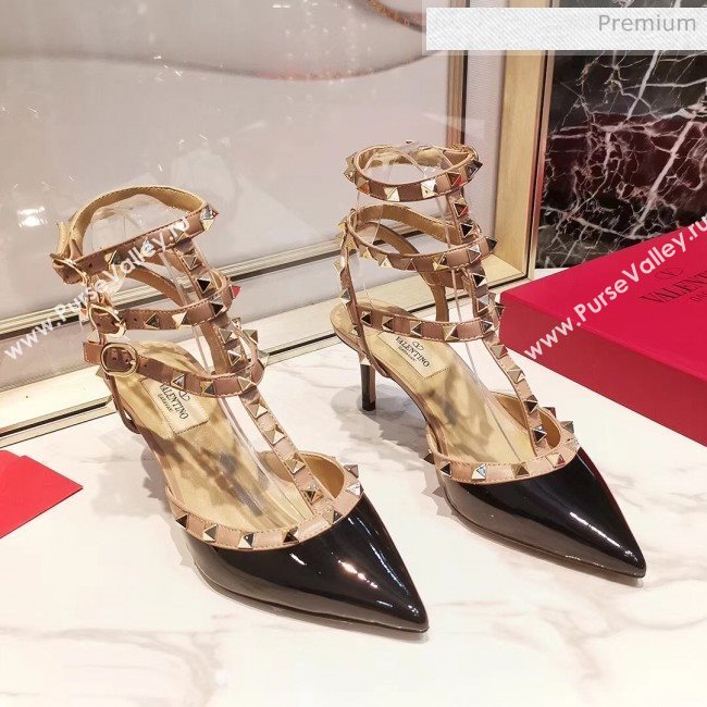 Valentino Patent Calfskin Rockstud Ankle Strap With 6.5cm Heel Black (3015-20041526)