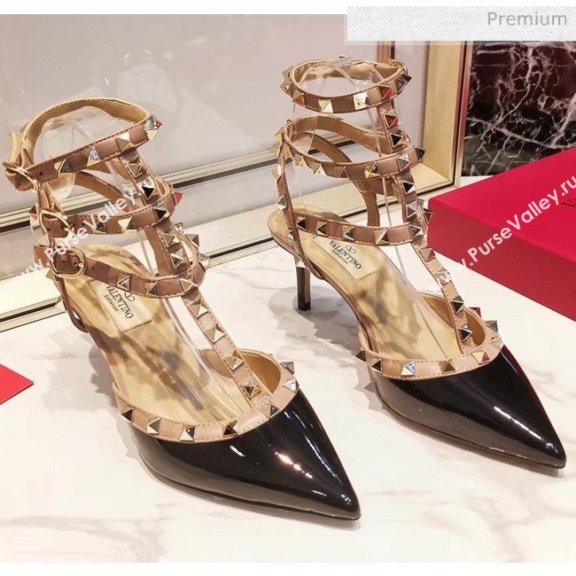 Valentino Patent Calfskin Rockstud Ankle Strap With 6.5cm Heel Black (3015-20041526)