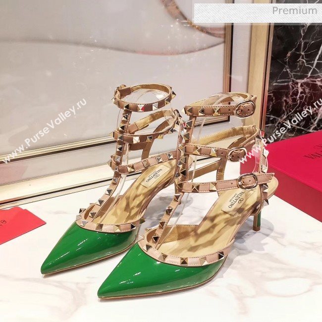 Valentino Patent Calfskin Rockstud Ankle Strap With 6.5cm Heel Green (3015-20041527)