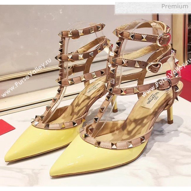 Valentino Patent Calfskin Rockstud Ankle Strap With 6.5cm Heel Yellow (3015-20041528)