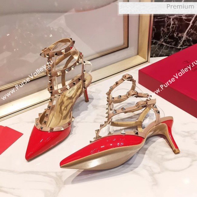 Valentino Patent Calfskin Rockstud Ankle Strap With 6.5cm Heel Red (3015-20041530)