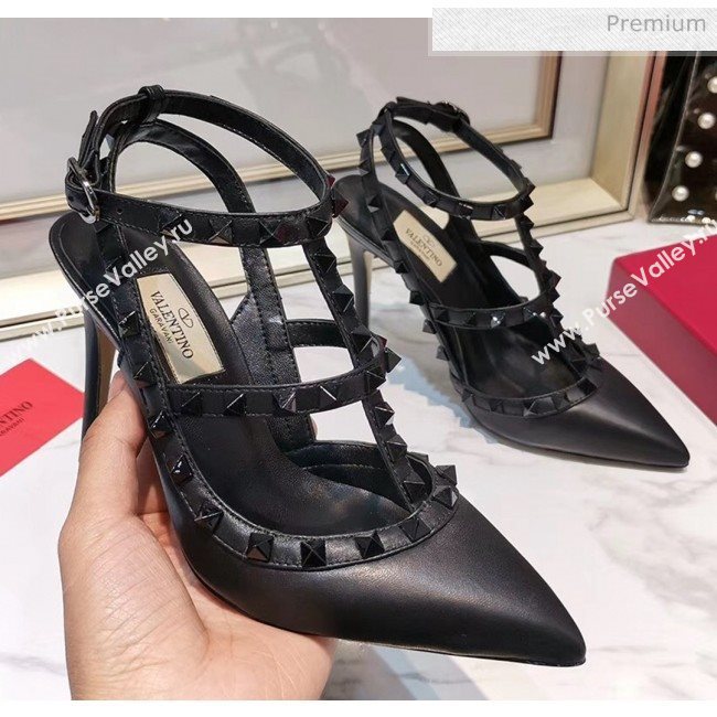 Valentino Smooth Leather Rockstud Ankle Strap With 9.5cm Heel All Black (3015-20041534)