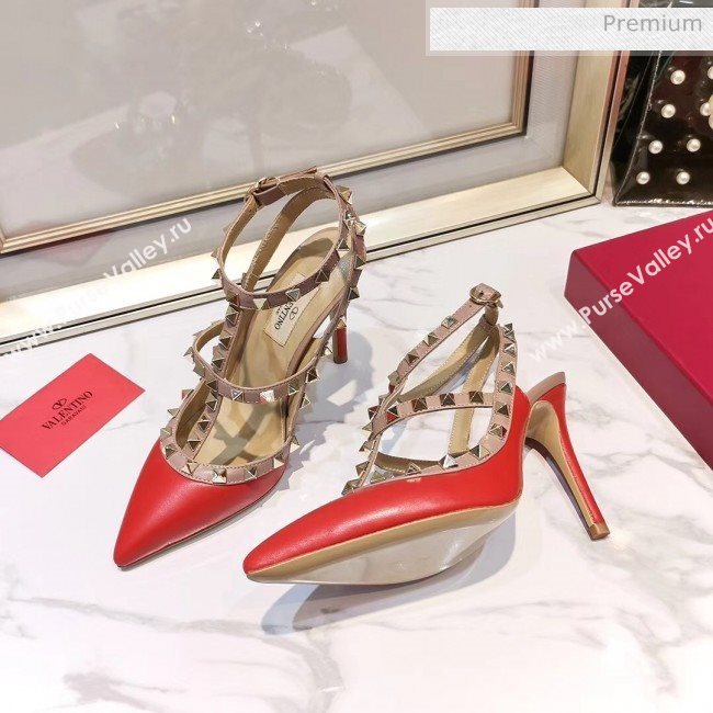 Valentino Smooth Leather Rockstud Ankle Strap With 9.5cm Heel Red (3015-20041535)