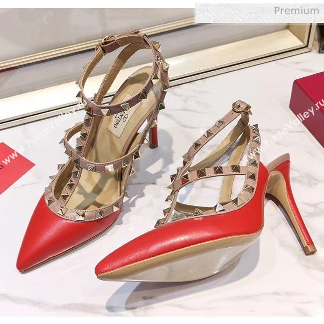 Valentino Smooth Leather Rockstud Ankle Strap With 9.5cm Heel Red (3015-20041535)