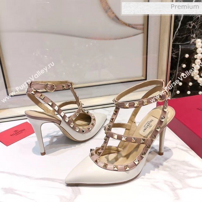 Valentino Smooth Leather Rockstud Ankle Strap With 9.5cm Heel White (3015-20041538)