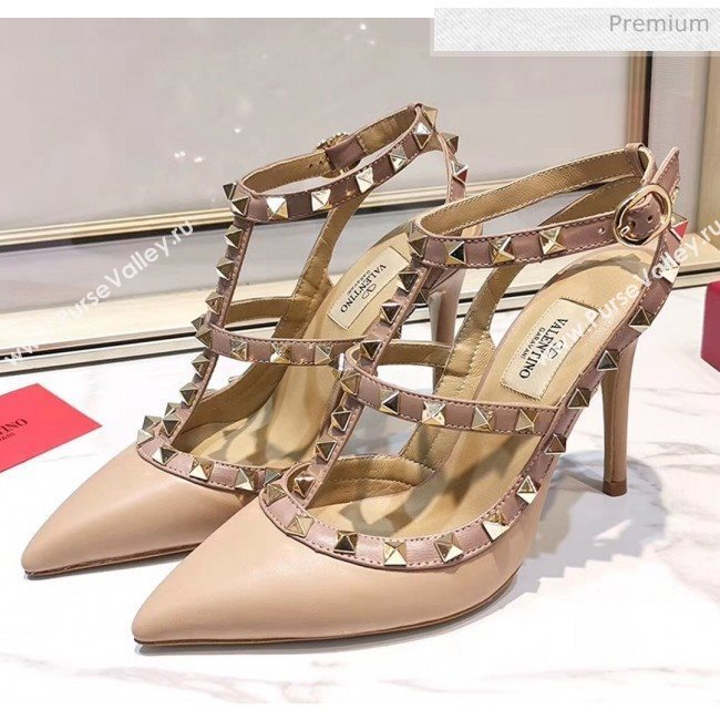 Valentino Smooth Leather Rockstud Ankle Strap With 9.5cm Heel Nude (3015-20041539)