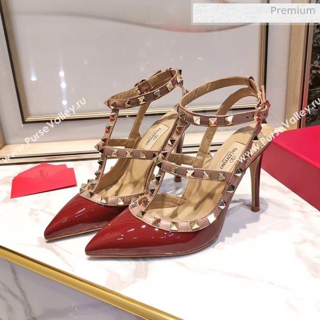 Valentino Patent Calfskin Rockstud Ankle Strap With 9.5cm Heel Burgundy (3015-20041540)