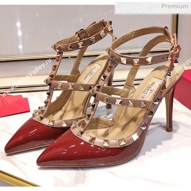 Valentino Patent Calfskin Rockstud Ankle Strap With 9.5cm Heel Burgundy (3015-20041540)