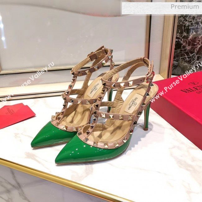 Valentino Patent Calfskin Rockstud Ankle Strap With 9.5cm Heel Green (3015-20041541)