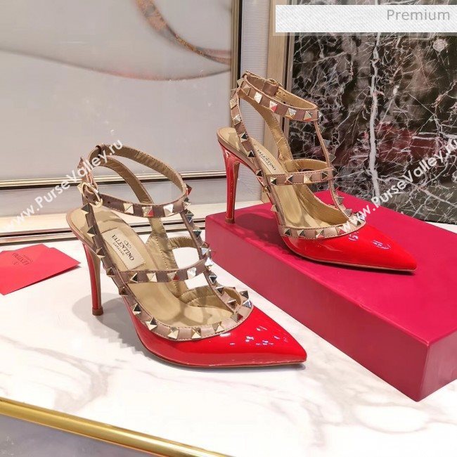 Valentino Patent Calfskin Rockstud Ankle Strap With 9.5cm Heel Red (3015-20041542)
