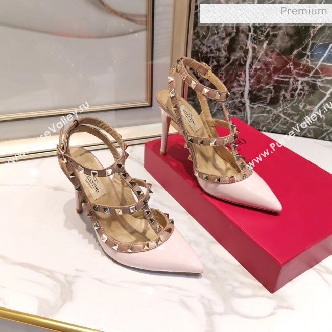 Valentino Patent Calfskin Rockstud Ankle Strap With 9.5cm Heel Light Pink (3015-20041543)