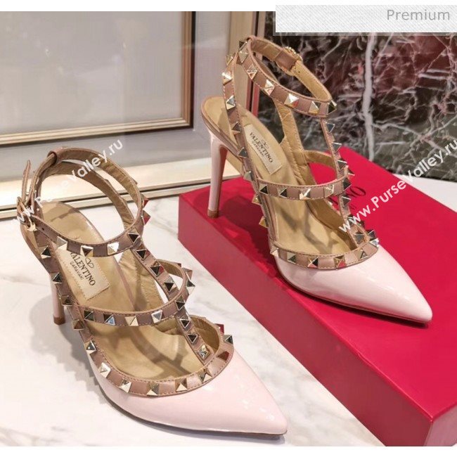 Valentino Patent Calfskin Rockstud Ankle Strap With 9.5cm Heel Light Pink (3015-20041543)