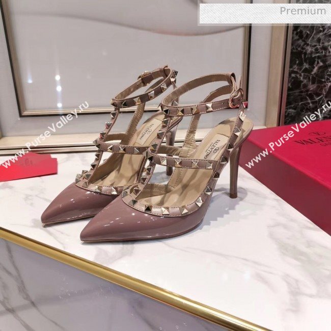 Valentino Patent Calfskin Rockstud Ankle Strap With 9.5cm Heel Pink 02 (3015-20041545)
