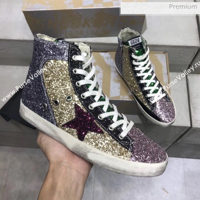 Golden Goose GGDB Calfskin Star High-Top Francy Sneaker With Glitter Gold/Pink 2020 (13-20041634)