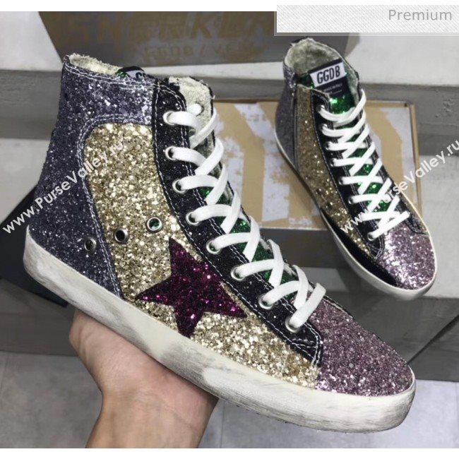 Golden Goose GGDB Calfskin Star High-Top Francy Sneaker With Glitter Gold/Pink 2020 (13-20041634)