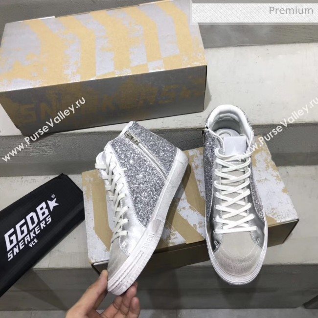 Golden Goose GGDB Calfskin Star Slide Sneakers With Glitter Silver/White 2020 (13-20041639)