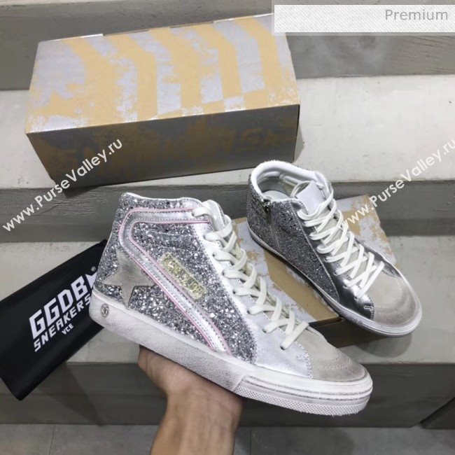 Golden Goose GGDB Calfskin Star Slide Sneakers With Glitter Silver/White 2020 (13-20041639)