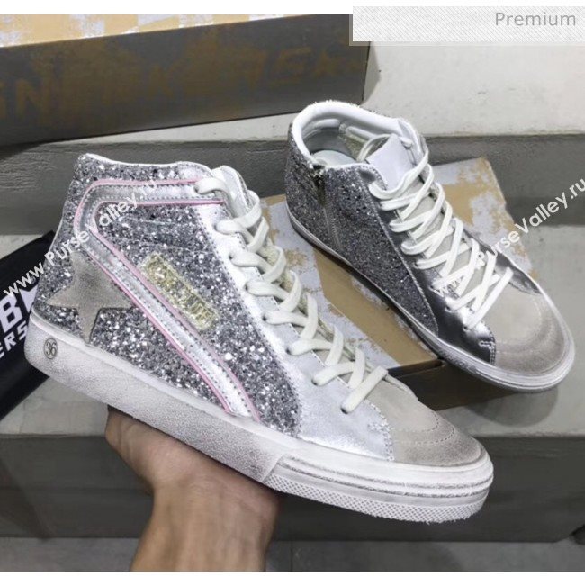 Golden Goose GGDB Calfskin Star Slide Sneakers With Glitter Silver/White 2020 (13-20041639)