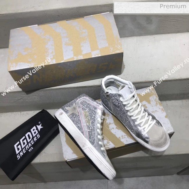 Golden Goose GGDB Calfskin Star Slide Sneakers With Glitter Silver/White 2020 (13-20041639)