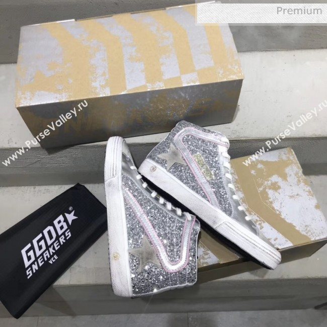 Golden Goose GGDB Calfskin Star Slide Sneakers With Glitter Silver/White 2020 (13-20041639)