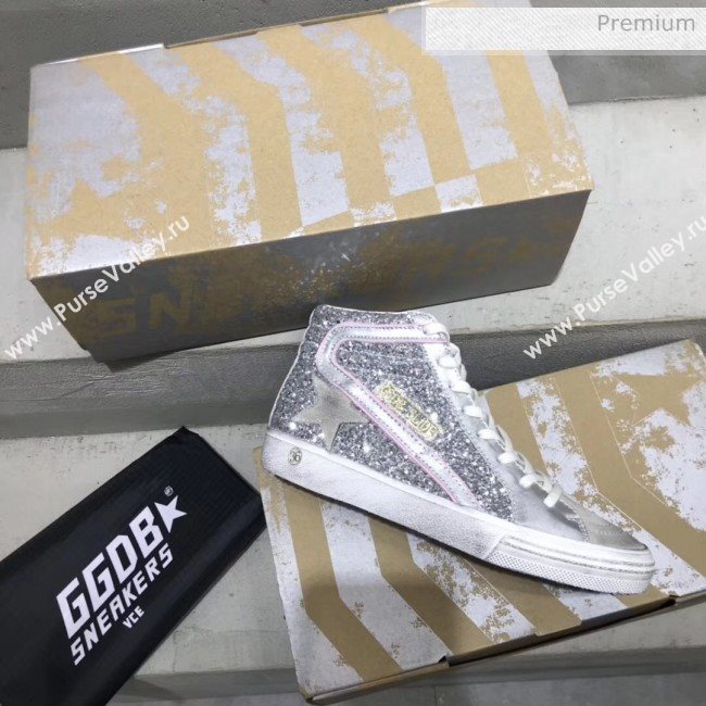 Golden Goose GGDB Calfskin Star Slide Sneakers With Glitter Silver/White 2020 (13-20041639)